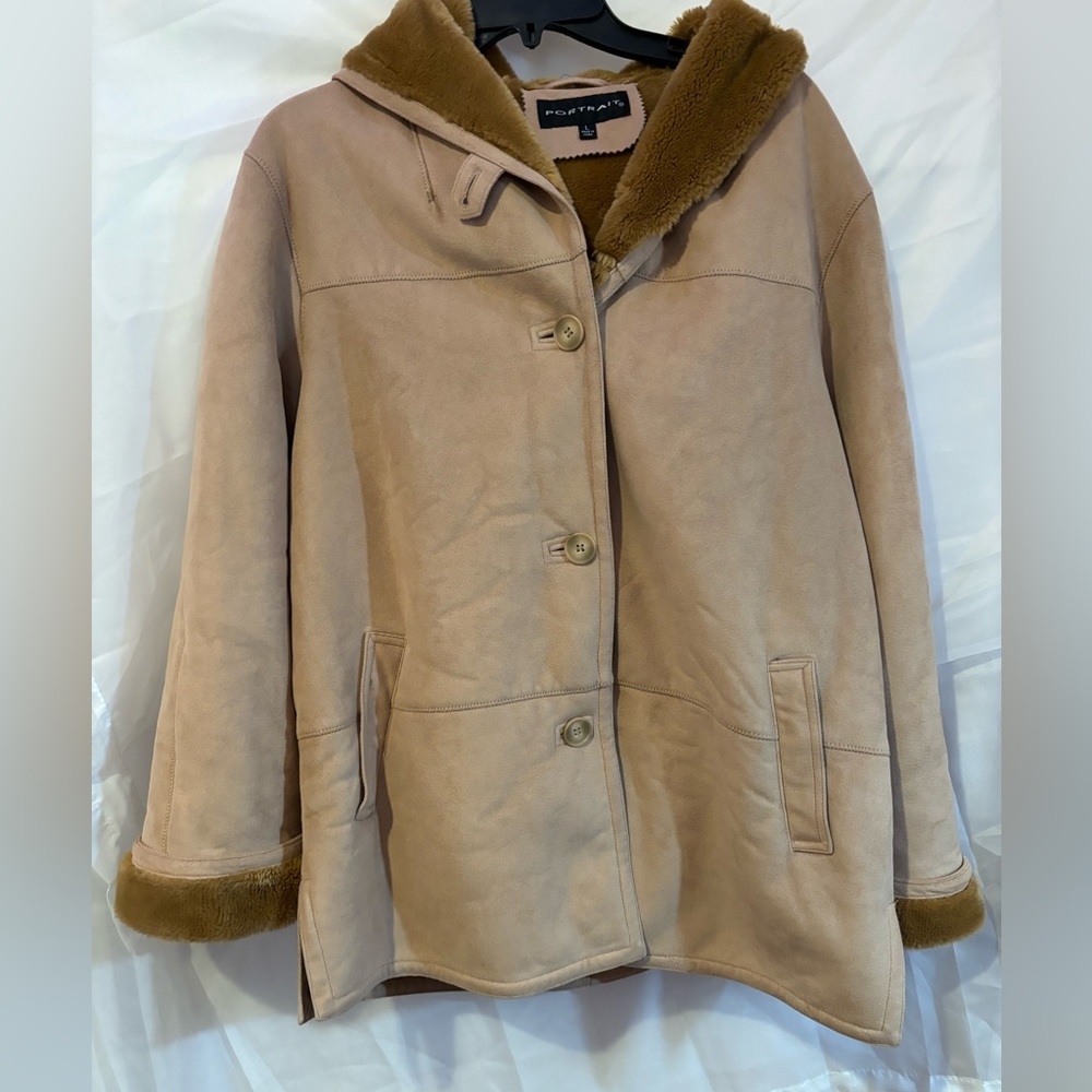 Portrait Women's Faux Suede Hooded Faux‎ Fur-Lined Coat Tan Size L
